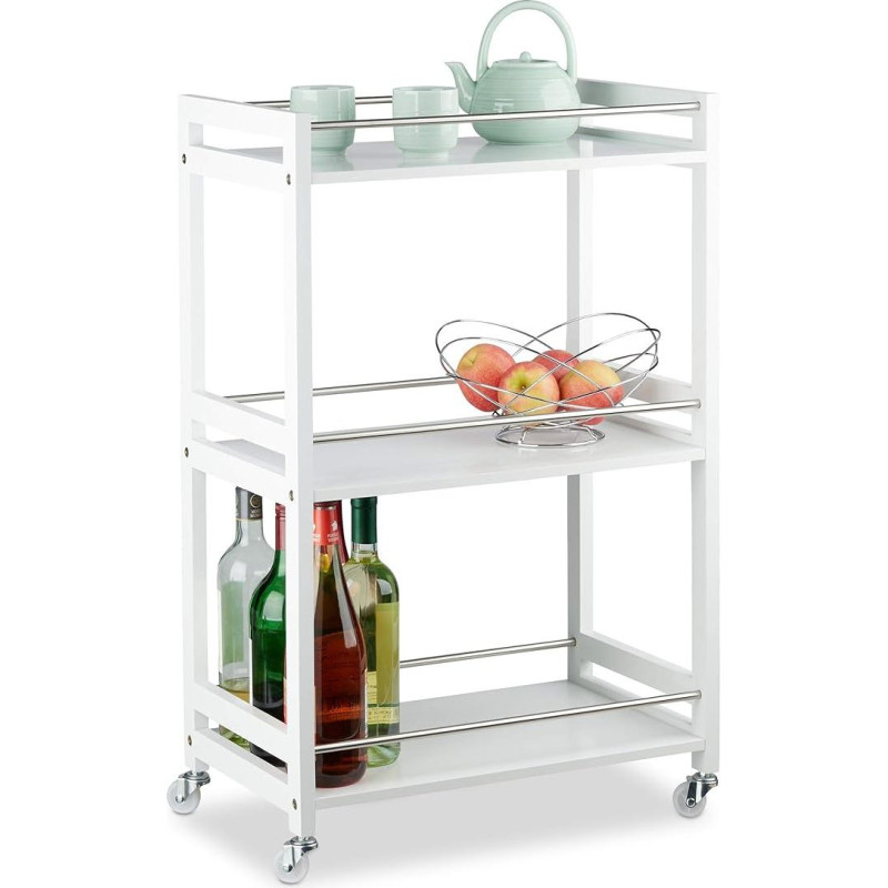 Relaxdays Serving Trolley with 3 Shelves, Service Trolley, Tea Trolley, Bamboo, MDF, Steel, H x W x D: 80.5 x 51 x 30 cm, White