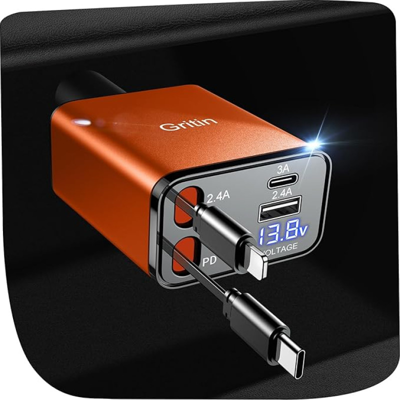 Gritin 4-in-1 Cigarette Lighter USB C, 69 W Car Charger Adapter with Voltage Display & Adaptive Charging Technology, USB Fast Charger for iPhone 16/15/14/iPad/Galaxy/Android etc. - Orange