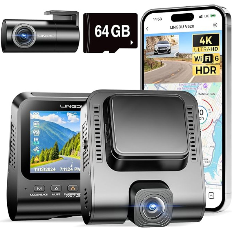 Dashcam Car Front Rear - 4K + 1080P Car Camera External 2.4 Inch IPS Screen, Dual Car Camera with 64 GB SD Card, Voice Output, Parking Monitoring, Improved Night Vision, WDR