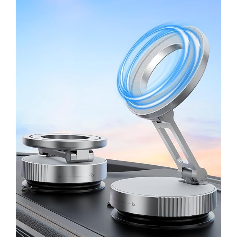 CloudValley Magnetic Metal Mobile Phone Holder Car, Ultra Strong Vacuum Suction Cup with N52 Magnet, [360° Rotatable & Foldable] for iPhone 16/15/14/13/12, Universal Mobile Phone Holder for Car/Glass