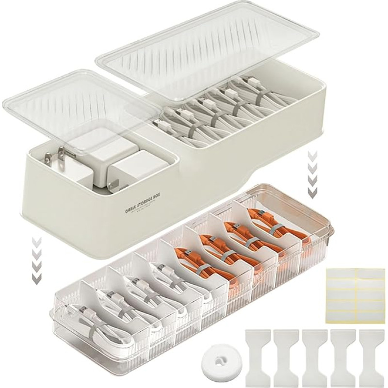 YTACREA Cable Organiser Box with Lid Double Laye, Cable Box White with Adjustable Compartments, Cable Organiser for Charging Cables, Batteries, Cable Management at Desk, Cable Management Box, Pack of