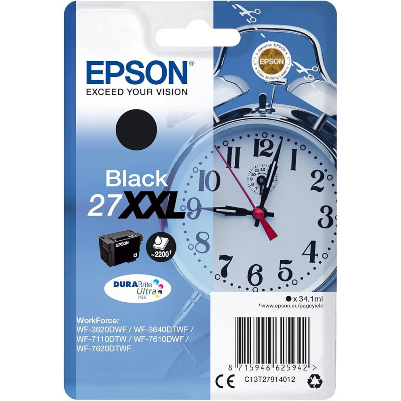 Epson Genuine Alarm Clock 27 Ink Cartridges - WF-3620DWF WF-3640DTWF WF-7110DTW WF-7620DTWF WF-7610DWF WF-7720DTWF WF-7715DWF WF-7710DWF WF-7210DTW xxl