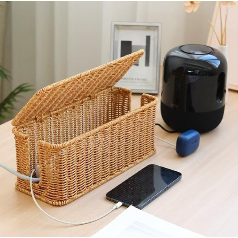 Cable Box, Handmade Cable Box, Rattan Cable Management Box, Under Desk Cable Organiser Box for TV Wires, Power Strip, Tangle Hide Desk, Socket Box for Office, Home
