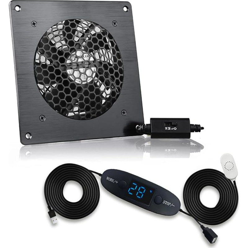 BRIEFCEC USB Fan 120 mm, Digital Display, Temperature Control, Quiet Fan System, 5 V Fan, with Modern Brushed Black Aluminium Frame for Home Cinema AV Cabinet, Pet Cave (Pack of 1)