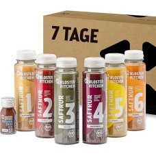Kloster Kitchen Organic Juice Treatment 7 Days I 42 x 250 ml Juices + 7 x 30 ml Ginger Shot I Fasting Treatment Vegan 6 Flavours I 592 kcal per Day Rich in Vitamins | Cure Guide with Tips
