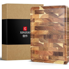 XINZUO End Grain Wood Chopping Board Acacia Wood (35 x 25 x 2.6 cm), Wooden Board, Kitchen Chopping Board with Non-Slip Feet, Built-in Handles and Juice Groove, Practical Kitchen Aid