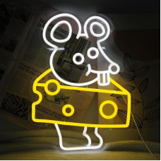 YIAZIM Cheese Neon Sign, Yellow Mouse, Neon Lights for Wall Decoration, LED Neon Light Signs with Dimmer for Bedroom, Living Room, Boys, Girls, Room, Party, Birthday Decoration (Cheese Mouse)