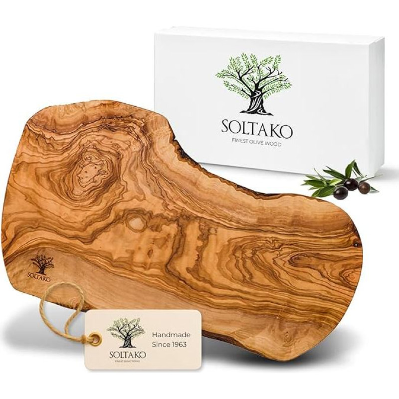 SOLTAKO Alyvuogių medienos pjaustymo lenta, serviravimo lenta, kepsnių lenta, pusryčių lenta, medinė lenta, sūrio lenta, alyvuogių medienos lenta, natūralaus pjovimo, 40-43 cm ilgio, 20-22 cm pločio, maždaug 2 cm storio