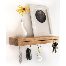 GK KRAUTLING Magnetinis raktų laikiklis iš medžio, modernus, ąžuolinis, raktų organizatorius, medinis raktų laikiklis, raktų laikiklis su lentynėle, raktų saugykla, magnetinis raktų laikiklis