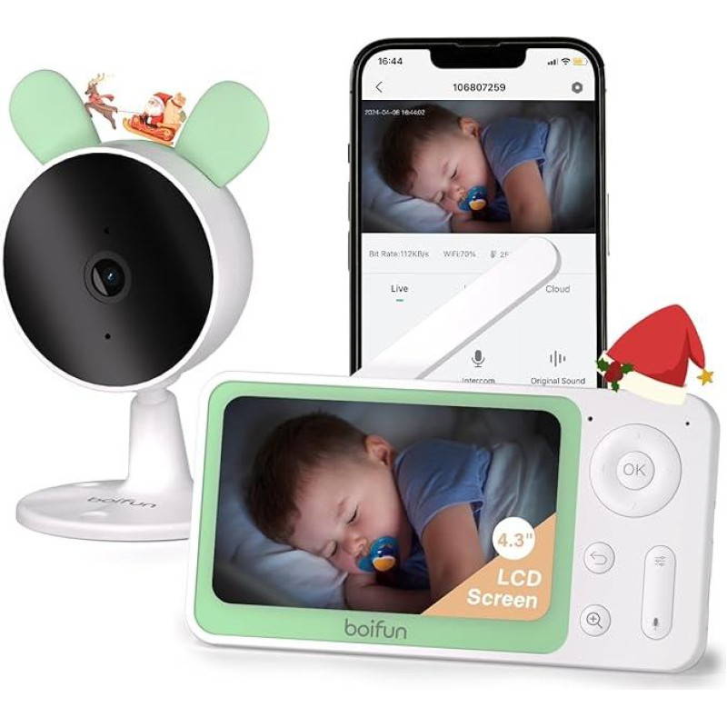 BOIFUN Baby Monitor Video, 4.3 Inch Schermo Con Zoom 4X, Controllo Tramite App Mobile & Monitor LCD, Rilevamento di Suoni e Movimenti, Visione Notturna (Singolo Monitor e Telecamera Singola)