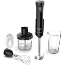Wireless Hand Blender, POYOCOM Cordless Hand Blender, with Type C Cable, Chopper 500ml, Container 600ml, Whisk, for Smoothies, Baby Food and Soups - Black