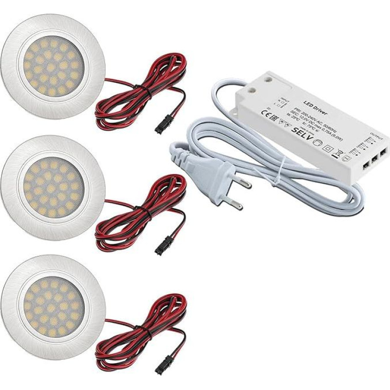 3 in 1 LED light set by JungesLicht, flat furnishings, recessed lighting, Tim 2 W LED, 12 V DC, warm white, 15 W LED Transformer, amp distributor