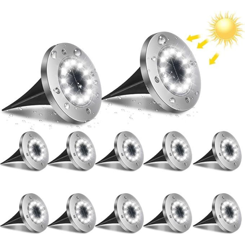 flintronic Solar Floor Lights, Pack of 12, 12 LEDs, Solar Lights for Outdoors, Cool White, 6000 K, IP65 Waterproof, Solar Path Lights, Patio Lighting, Car On/Off Landscape Lighting for Path, Garden