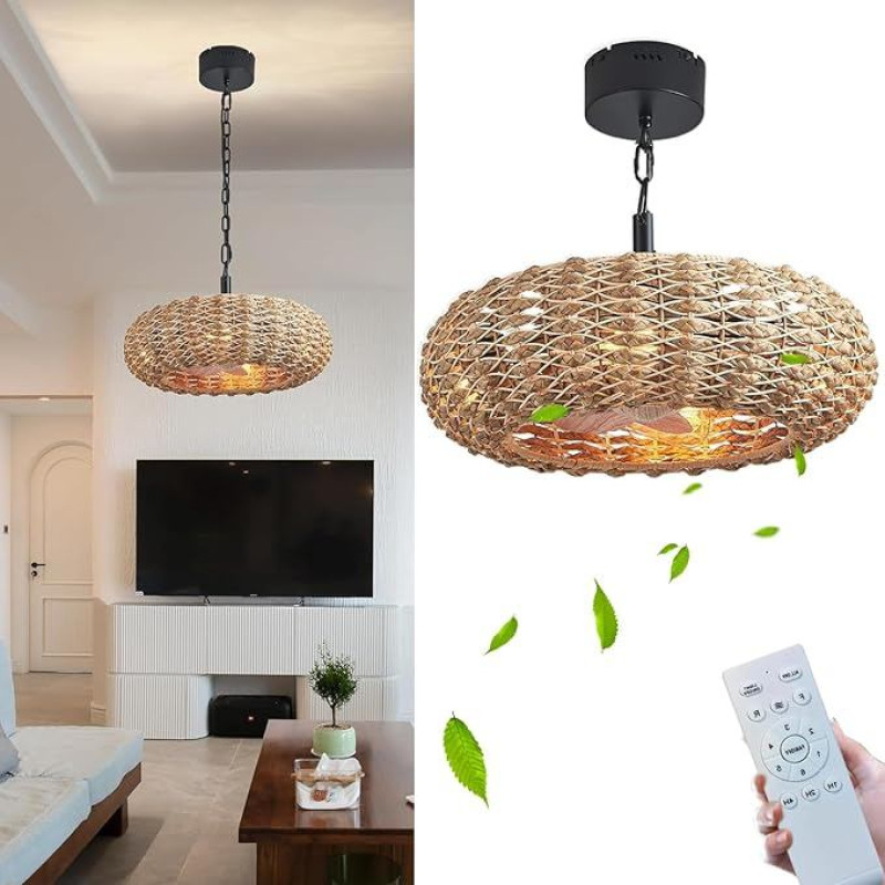 KZT Retro Ceiling Fan with Lighting E27 Lamp with Fan Ceiling Light Natural Rattan Woven Pendant Lamp with Remote Control Vintage Ceiling Lamp for Living Room Bedroom Dining Room
