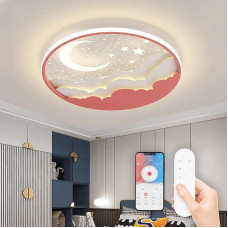 LED Children's Ceiling Light Star Moon Ceiling Light, Dimmable Acrylic Ceiling Light for Children with Remote Control, Modern Children's Room Ceiling Lighting Boys Girls Bedroom Ceiling Light, Pink,