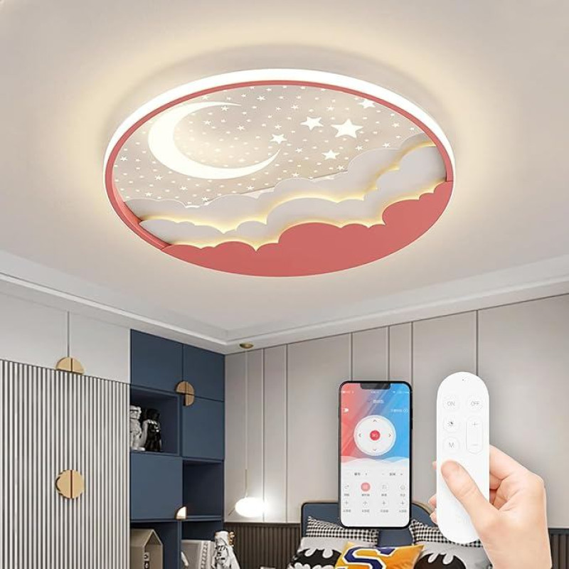 LED Children's Ceiling Light Star Moon Ceiling Light, Dimmable Acrylic Ceiling Light for Children with Remote Control, Modern Children's Room Ceiling Lighting Boys Girls Bedroom Ceiling Light, Pink,