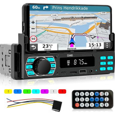 Car Radio Bluetooth 5.1-1 DIN Car Radio with Mobile Phone Holder - App Control, Voice Control, Hands-Free Function, FM Radio, USB/Type-C Charging, Colourful Backlight + Remote Control