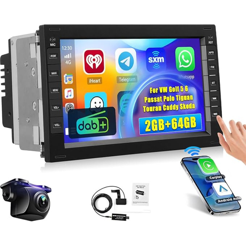 Hikity DAB/DAB+ 2+64G Android 15 Car Radio for VW Golf 5 6 Passat Polo Tiguan Touran Caddy Skoda CarPlay Android Car Wireless Screen 7 Inch Car Radio Bluetooth Mirror Link GPS WiFi FM RDS SWC EQ