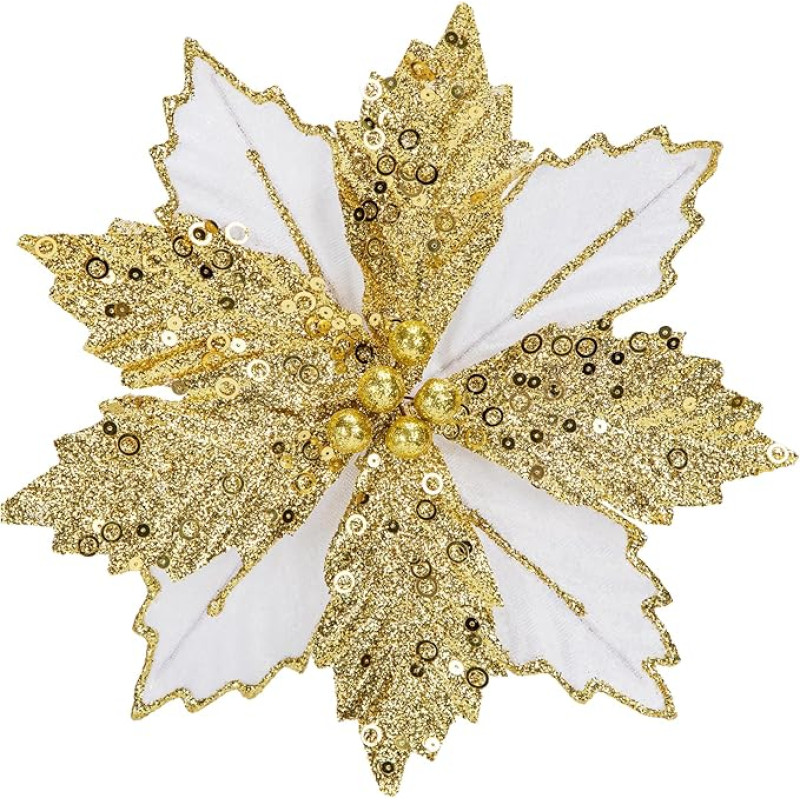 Arborus Christmas Tree Decoration Pack of 8 Artificial Poinsettia Christmas Flowers Glitter Christmas Tree Decoration Gold Artificial Flower with Clips Winter Flowers for Christmas Tree Christmas