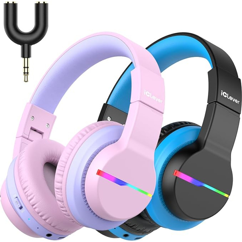 iClever Bluetooth Children's Headphones Pack of 2, Coloured LED Lights, Children's Headphones Over-Ear with 74/85 dBA Volume Limit, 85 Hours Playtime, Bluetooth 5.2, Built-in Microphone