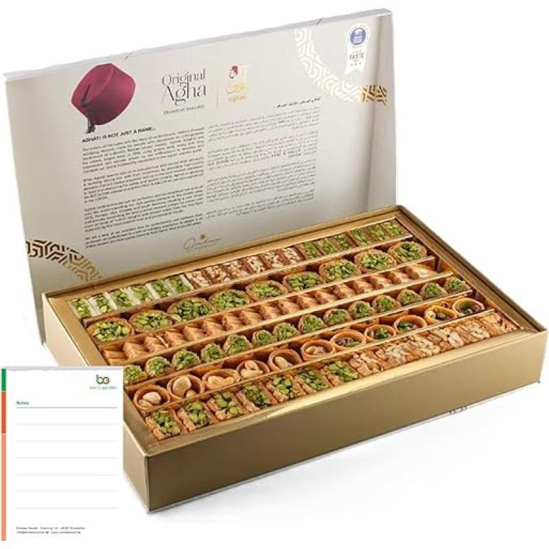 Premium Baklava 750 g Mixed Varieties - Oriental Sweets Gift Box - With Real Pistachios & Nuts - Sweets Specialty & Ben's Garden Note
