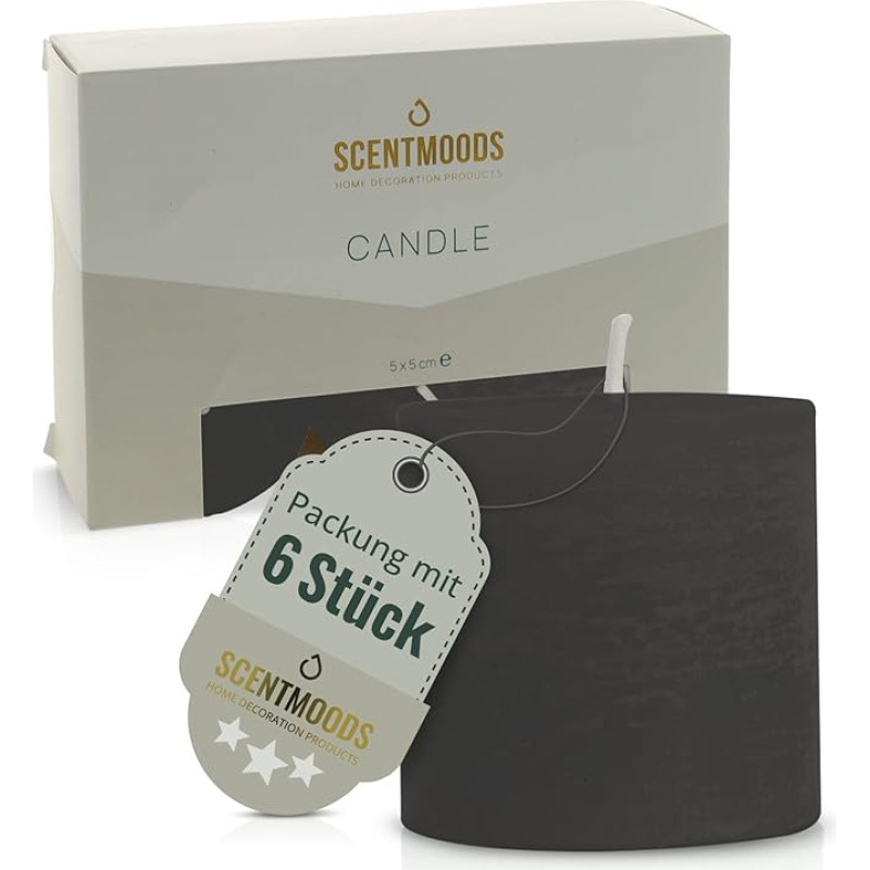 SCENTMOODS Rustic Pillar Candle Set - 6 rankų darbo juodos spalvos žvakės - 5 x 5 cm, ilgai dega - natūralus augalinis vaškas be palmių aliejaus - be kvapo