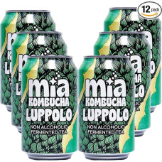Mia Kombucha Hops - Naturally Fermented Tea with Cascade Hops - Citrus and Bitter Notes - Rich in Probiotics and Antioxidants - Non-Alcohol Drink 330ml (12 Cans, Hops)