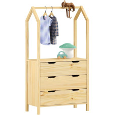 IDIMEX Amira Children's Room Chest of Drawers with Clothes Rail in House Shape - Natural, 3 Drawers, Integrated Clothes Rail Storage Space for Clothes, Toys, Books, Pine Wood