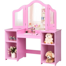 COSTWAY 2-in-1 Children's Dressing Table Desk with Removable Mirror, Girls' Dressing Table with Open Compartments, Wooden Dressing Table (Without Chair, Pink)