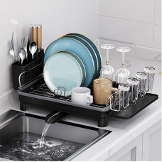 Geschirrtrockner Mit Abtropffläche|304 Edelstahl Geschirrabtropffläche Für Küchentheke |spüle Verstellbarer Auslauf Schalensiebe |abtropfgestell Mit Utensilienhalter Und Getränke, Black