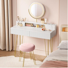 VASAGLE Dressing Table with Stool and Lighting, Power Strip, Mirror, Dressing Table, 40 x 100 x 134.8 cm, Cosmetic Table with Drawers, Padded Stool, Matte White / Pale Gold RVT619W01