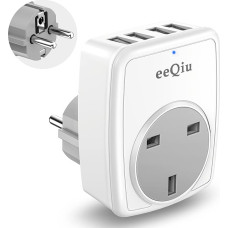 UK to EU Europe Plug Adapter with 4 USB Ports, eeQiu Grounded European Power Plug Adapter with 4 USB Ports for France, Germany, Spain, Greece, Portugal and More (Type E/F)