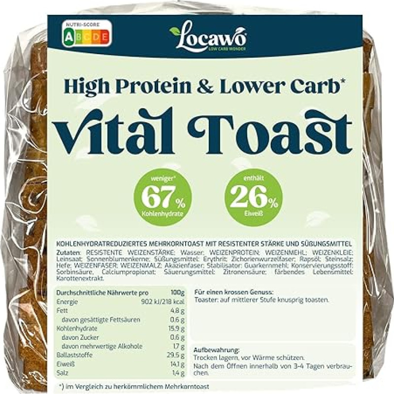 Locawo High Protein & Low Carb Vital Toast Bread, Protein Bread, Full Wheat Flavour, Vegan, Ideal for a Protein-rich, Calorie and Sugar-Reduced Diet