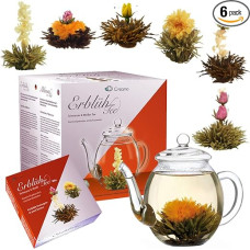 Creano Teeblumen Mix - Gift Set Blooming Tea with Glass Jug 500 ml White Tea & Black Tea with 6 Tea Balls Each 3 x White & Black Tea - 7 Pieces