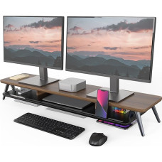 Fenge Dual Monitor Stand with Phone/Pad Holder, 2 Levels Large Computer Screen Stand for Laptop/PC/TV/Printer, 108 x 23.5 x 14.5 cm, Load Capacity 50 kg (Brown)