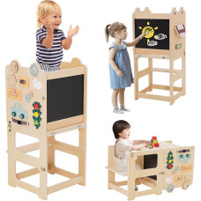 Mažylių bokštas, reguliuojamas mokymosi bokštas vaikams, daugiafunkcinis virtuvės taburetės pagalbininkas, stovintis bokštas su Montessori žaidimų veikla virtuvėje ir vonios kambaryje