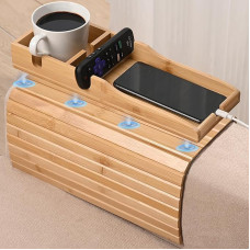 YUBAMIN Bambus-Sofa-Armlehnentablett, faltbar, Couch-Armlehnentisch für Couch, Getränkehalter, 3-in-1, magnetisch, abnehmbar, für Essen, Getränke, Snacks, Fernbedienung, Handy, rutschfester