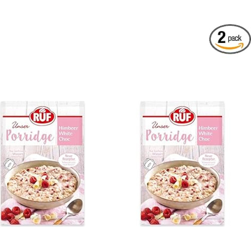 RUF Porridge, Raspberry White Choc, Fruity, Healthy Breakfast with Freeze-Dried Raspberry Pieces, in Practical Portion Bag, 1 x 65 g Bag, Pack of 2