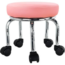 WKWKER Small Rolling Stool PU Leather Rolling Seat 360° Rotatable Low Round Stool with Universal Caster Wheels for Home Massage Garden Office Garage Shop Fitness Sports Height 31.5 cm (Pink)