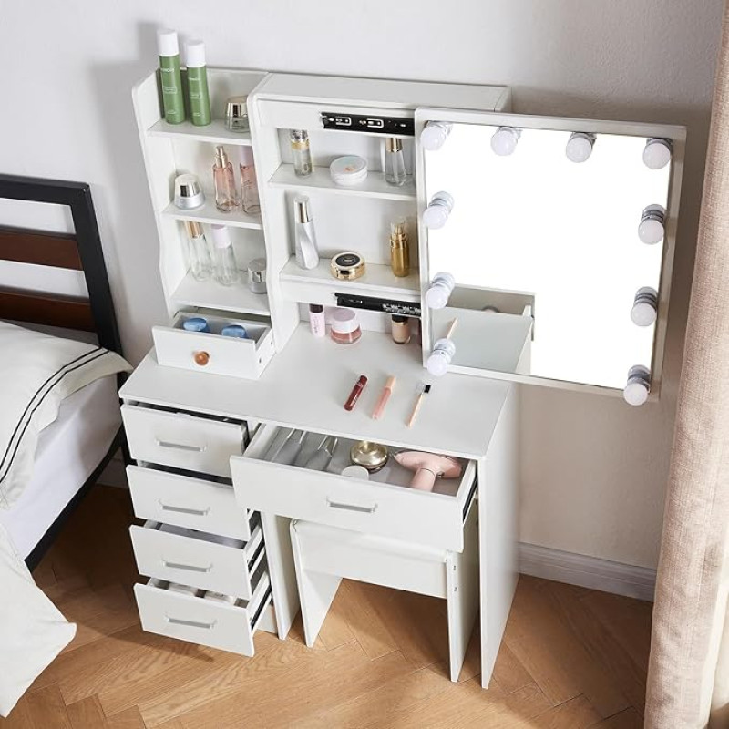 LIANWANG Dressing Table with Lighting and Drawers, Dressing Table with Mirror and 1 Stool, 3 Colour Temperatures and Adjustable Brightness, 131 x 80 x 36 cm, White