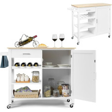 KOMFOTTEU Virtuvės vežimėlis su stalviršiu, virtuvės spintelė su stalčiais ir durelėmis, serviravimo vežimėlis su butelių laikikliu, medinis virtuvės vežimėlis su 3 atviromis lentynomis, 100 x 48 x 90 cm (baltas)
