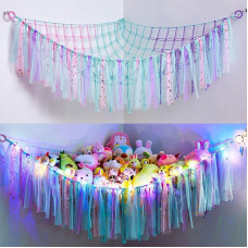 MHJY Toy Hammock Stuffed Animals Storage Net Soft Cuddly Toys Large Corner Hanging Net with LED Light Handwoven Plush Macrame Organizer with Tassel for Nursery Nursery