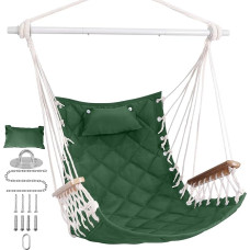 SUNWAY Hängesessel mit Armlehne aus Holz und Kissen, 159 kg Kapazität, für drinnen und draußen, Hängesessel mit Spreizstange, inklusive vollständigem Aufhängeset für Terrasse, Schlafzimmer, Veranda