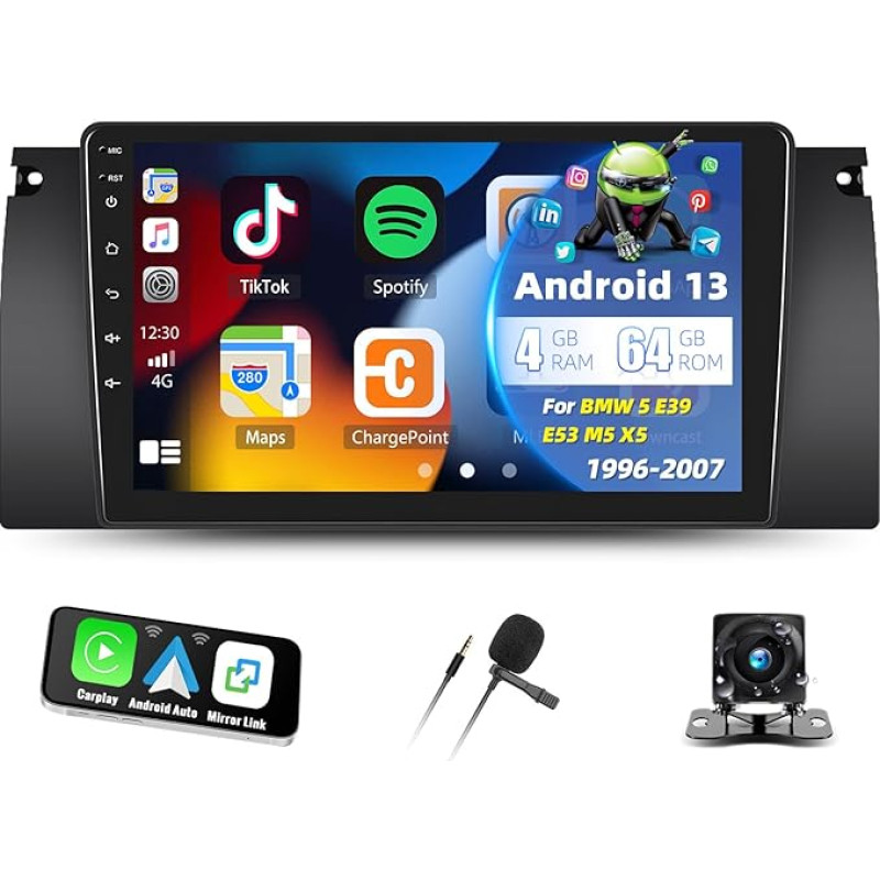 [4G + 64G] Android 13 Car Radio for BMW X5 E39 E53 E38 M5 1996-2007 with Carplay Android Car, 9 Inch Touchscreen Radio with Bluetooth EQ GPS WiFi FM/RDS MirrorLink Split Screen + Reversing Camera