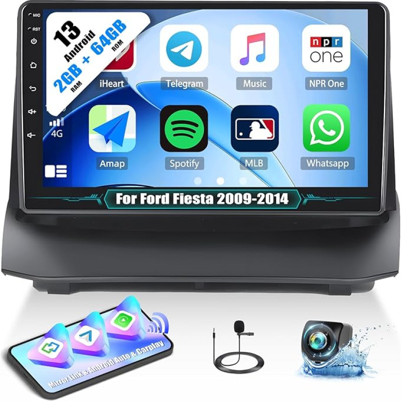 2 + 64 GB: Android 13 Car Radio for Ford Fiesta 2009-2014 with Carplay Android Car, Touchscreen 9 Inch Carplay Car Radio with GPS WiFi FM/RDS Bluetooth Mirror Link AUX + AHD Reversing Camera & Mic