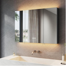 SONNI Bathroom Mirror Cabinet with Lighting and Socket, 3 Door LED Mirror Cabinet with Touch Switch, 3 Adjustable Light Colours, Anti-Fog, Bathroom, Medicine Cabinet, 90 x 65 cm, Matte Black