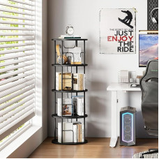 Flycity 360° Rotating Wooden Bookcase, Standing Shelf with 4 Adjustable Levels, 45 x 45 x 129 cm, Black, Ideal for Books and Decoration