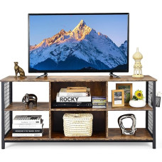 KOMFOTTEU TV spintelė su atvirais skyriais ir laikymo krepšiu, TV spintelė televizoriams iki 65 colių, televizoriaus lentyna svetainei, biurui, 140 x 40 x 63 cm