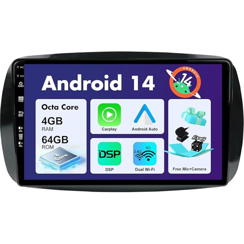 SXAUTO Android 13 IPS automobilinis radijas, tinkamas Benz Smart 453 Fortwo (2014-2020) - Integruotas Carplay/Android Car/DSP - Kamera + MIC - 4G + 64G - DAB 360-Kamera Valdymas vairu Greitas įkrovimas AHD -2 DIN