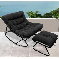 FUOIDYE supamasis krėslas, supamasis krėslas su taburete, lauko skaitymo krėslas su paminkštinimu, itin didelis svetainės poilsio krėslas, keliamoji galia iki 150 kg, skirtas sodui, balkonui, terasai (juodas)